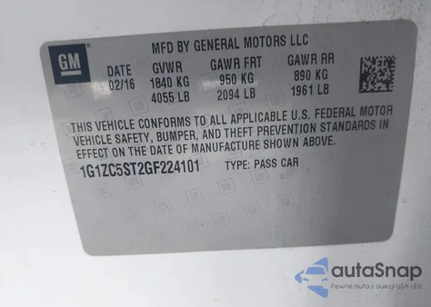 2016 Chevrolet Malibu 1Fl z USA, uszkodzony, nr VIN 1G1ZC5ST2GF224101